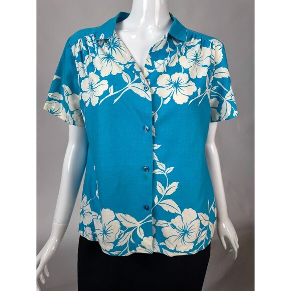 Hilo Hattie Womens Hawaiian Floral Button-Up Shirt Medium Teal & White 100% Cott - Picture 1 of 16
